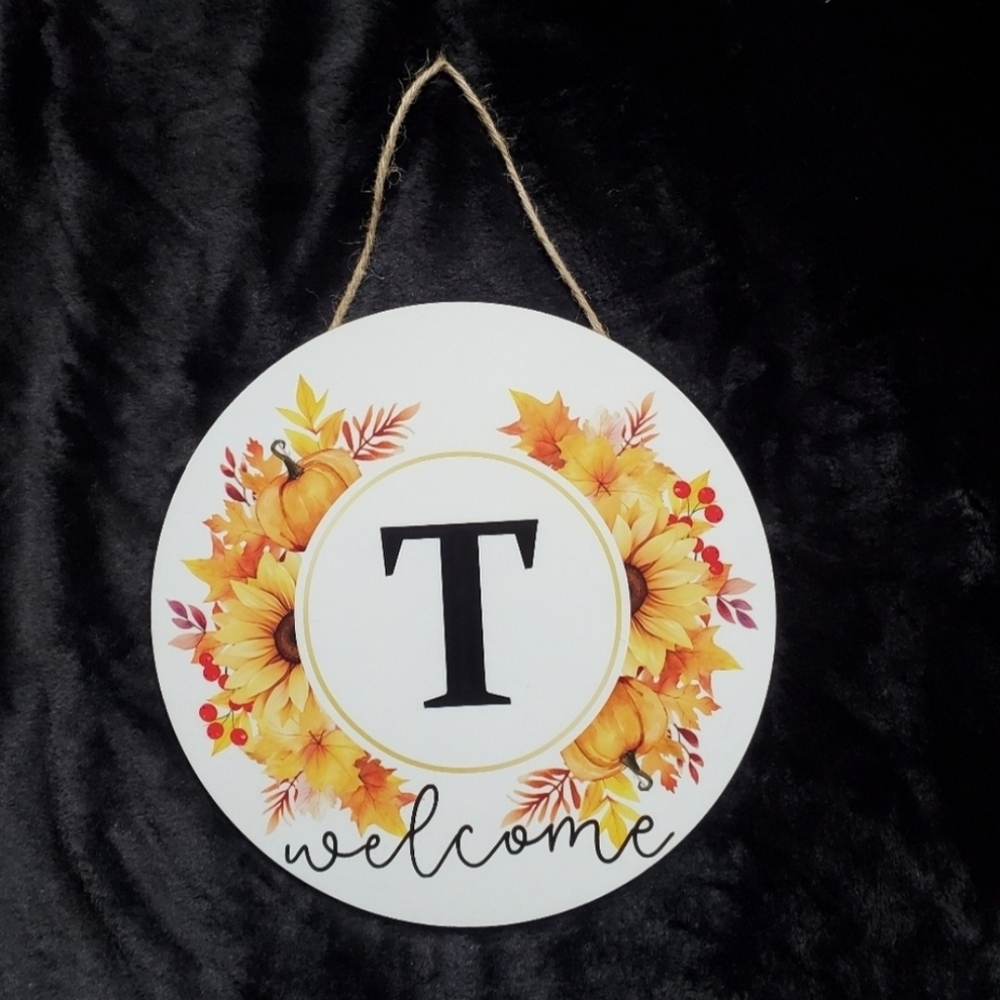 Wooden Fall Autumn Circular Welcome Sign 12" x 12" Last Name Inital "T" Sign